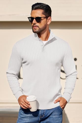 COOFANDY Mens Quarter Button Sweater Long Sleeve Stand Collar Sweaters Casual Knitted Ribbed Dress Pullover - color: White, size: 3X-Large