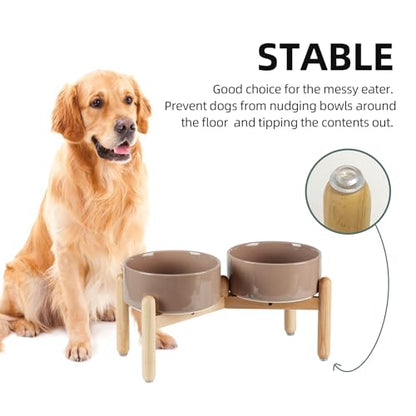 Havniva 7.3inch Ceramic Raised Dog Bowl with Stand, Double Dog Bowls Elevated for Medium Breed Dog Food and Water Bowl Set Non-Slip Dog Dish Large Capacity Feeding Pet Water Bowl - color: 2 Bowls+Stand - Brown Coffee, size: 7.3inch
