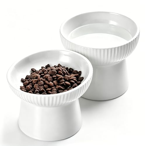 Elevated Cat Food Bowl, Ceramic Raised and Tilted Water Bowl, Whisker Fatigue Cat Bowls for Indoor Cats, Anti Vomiting and Protect Spines Pet Feeding Dishes for Kittens Small Dog, Heavy Non-Slip Base - color: White