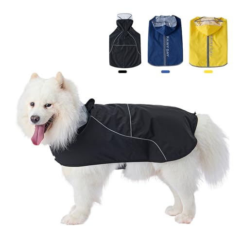 Dog Raincoat Adjustable Pet Waterproof Clothes Lightweight Rain Jacket Poncho Hoodies with Strip Reflective (Black, Small) - color: Black, size: Small
