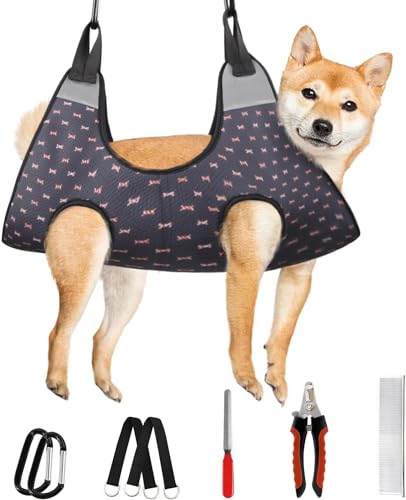 Supet Dog Grooming Hammock Harness for Dogs Cats, Relaxation Pet Nail Clipper Hammock, Restraint Dog & Large Animal Leashes Sling for Groomingk for Nail Trimming (Black Currant, L) - color: Blackcurrant, size: L（ Max 60 Lb：Leg space: 10.8"-21.0"）