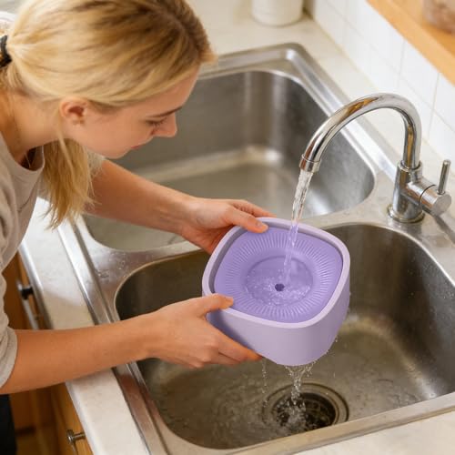 Spill Proof Dog Water Bowl - 37oz Large Capacity No Drip Pet Dish, Safety Foam in the Dog Bowl, No Spill Bowl for Elevated Design Mess Proof is Easy to Clean, is Suitable for All Pets (Purple) - color: Purple
