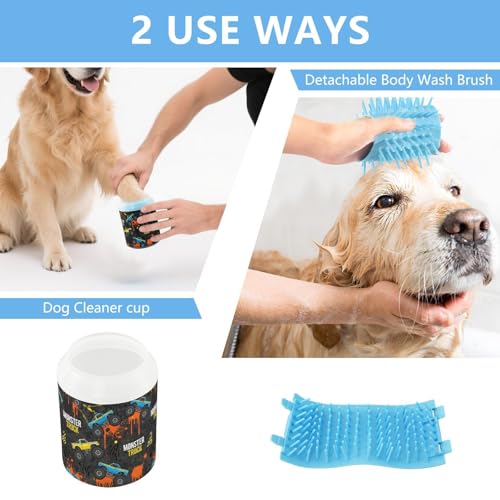 Monster Truck Black Gray Print Dog Paw Cleaner Cup with Soft Silicone Brush, Portable Small Lightweight Muddy Paw Washer for Dogs, Easy to Use Pet Foot Cleaner