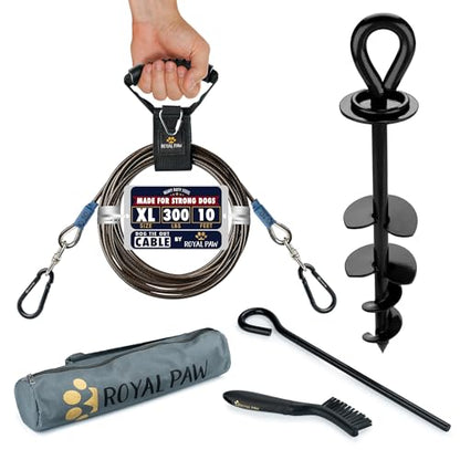 ROYAL PAW Dog Tie Out Cable and Stake 10ft - for Large Dogs up to 300 lbs - Heavy Duty Tether and Dog Stake for Yard, Beach & Camping Outside (Black, L/XL - 10ft) - size: L/XL - 10ft