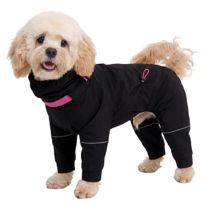 Kouser Waterproof Full-Body Coverage Dog Raincoat, Black XS | Dog Raincoat with Reflective Stripes, Adjustable Dog Rain Jacket with Leash D-Ring, Hooded Poncho for Small Medium Large Dogs - color: Black, size: X-Small(Back Length:9.84")