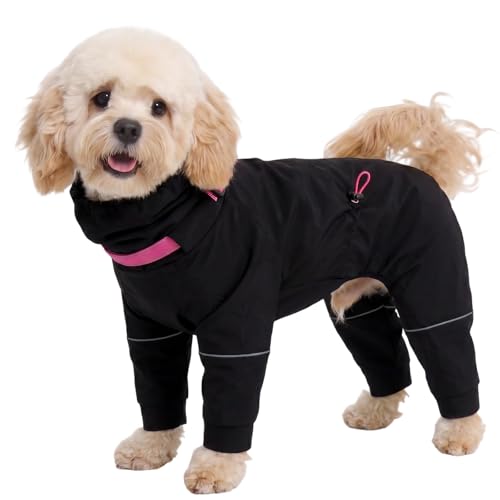 Kouser Waterproof Full-Body Coverage Dog Raincoat, Black S | Dog Raincoat with Reflective Stripes, Adjustable Dog Rain Jacket with Leash D-Ring, Hooded Poncho for Small Medium Large Dogs - color: Black, size: Small(Back Length:11.81")