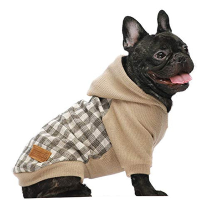 Fitwarm Tartan Plaid Dog Hoodie, Knitted Dog Clothes for Small Dogs Boy, Pet Sweatshirt, Knitted Sweater, Beige, XS - color: Khaki, size: X-Small