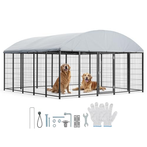 VEVOR Outdoor Dog Kennel, 9.8 x 9.8 x 5.4 ft Large Dog Kennel with Secure Lock, Outside Dogs Enclosures with UV-Resistant & Waterproof Roof Cover, Heavy Duty Pet Crate Cage Run for Large Dogs - size: 118.1"L x 118.1"W x 65.0"H