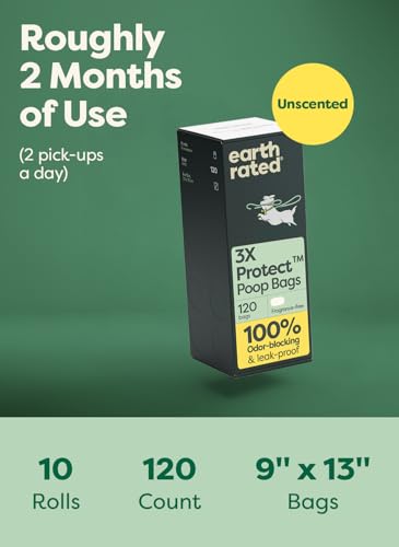 Earth Rated 3X Protect Dog Poop Bag Rolls, Odor Blocking Leak Proof Extra Thick, Unscented, 120 Count - size: 120 Bags, style: Odor Blocking