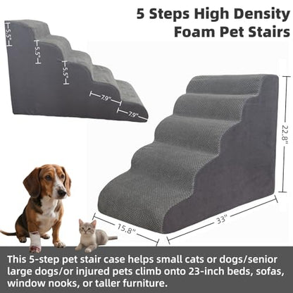 5 Step Pet Stairs Ramp for High Beds Sofas 23-30 Inch with Sturdy Non Slip Waterproof Pads, Machine Washable Cover Indoor Balanced Design for Cats Dogs Small Medium Large XL Pets Grey Large - color: Grey