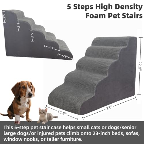 5 Step Pet Stairs Ramp for High Beds Sofas 23-30 Inch with Sturdy Non Slip Waterproof Pads, Machine Washable Cover Indoor Balanced Design for Cats Dogs Small Medium Large XL Pets Grey Large - color: Grey