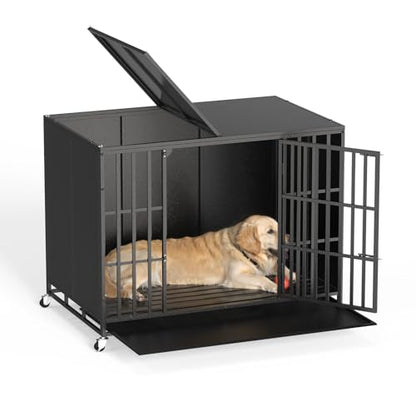 LEMBERI 42 inch Heavy Duty Indestructible Dog Crate, High Anxiety Extra Large Dog Cage for Large Dogs, XL Steel Escape Proof Dog Kennel with Wheels and Removable Tray - color: Black, size: 43.3"L x 30.7"W x 33.8"H