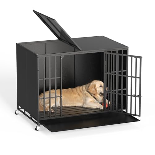 LEMBERI 42 inch Heavy Duty Indestructible Dog Crate, High Anxiety Extra Large Dog Cage for Large Dogs, XL Steel Escape Proof Dog Kennel with Wheels and Removable Tray - color: Black, size: 43.3"L x 30.7"W x 33.8"H