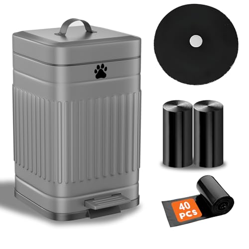 Dog Poop Trash Can Outside, 5L/1.3Gal Metal Dog Waste Trash Can with Lid, Foot Pedal, Pet Waste Container with 40 Bags, Poop Bucket with Lid Soft Close for Pet, Grey - size: 5L Grey Trash Can