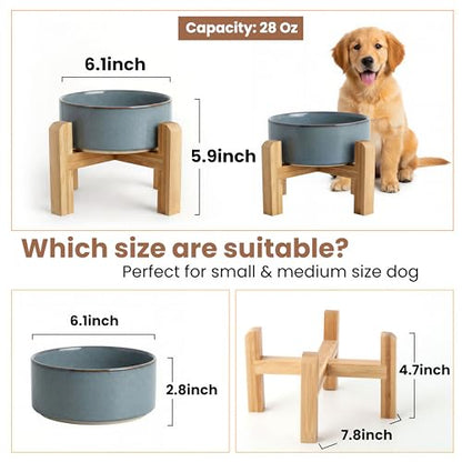 hjn Elevated Ceramic Dog Bowl with Bamboo Stand, Raised Pet Feeding Station for Small Medium Dogs Cats, Modern Design with Anti-Slip Base (Gray Blue, 3.6Cup) - color: Gray Blue, size: 3.6Cup