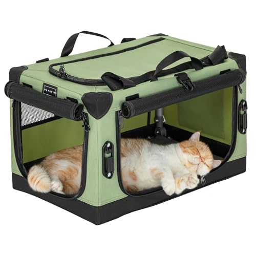 PETSFIT 부드러운 반려견 크레이트, 안전 벨트 부착 버클 및 두꺼운 매트가 있는 강아지 자동차 크레이트, 특허받은 조절 가능한 튼튼한 프레임, 휴대용 및 접이식 고양이 크레이트 강아지 캐리어 켄넬, 그린 50.8cm(20인치)