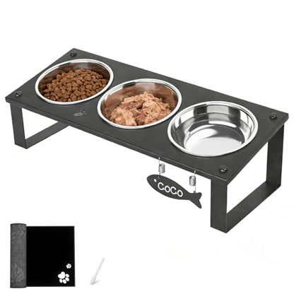 3 in 1 Elevated Cat Bowls with Splash proof Mat for Kittens, Puppies, Multi-pet Households, 10° Tilted Raised Cat Bowls Anti-Vomiting, 3 Wide Shallow Stainless Steel Bowls, Whisker Friendly, 3.5" Tall - color: Black-3bowls