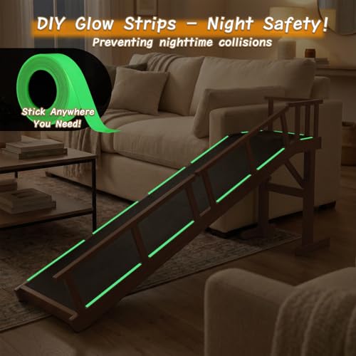 73" Dog Ramp for Bed with Rest Platform & Glow Strips, 20° Gentle Slope, EVA Non-Slip Surface, Removable Safety Rails, Birchwood Solid Wood, for Small, Large & Senior Dogs, Joint Protection, Brown - size: 73.2"L x 25"H x 15.7"W