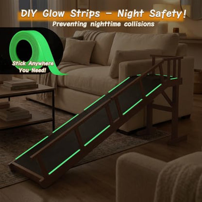 73" Dog Ramp for Bed with Rest Platform & Glow Strips, 20° Gentle Slope, EVA Non-Slip Surface, Removable Safety Rails, Birchwood Solid Wood, for Small, Large & Senior Dogs, Joint Protection, Brown - size: 73.2"L x 25"H x 15.7"W