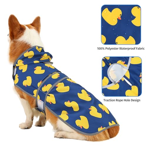 Dog Raincoat for Large Dogs Waterproof Jacket Hooded Rain Coats with Reflective Strips Leash Hole & Poncho Adjustable Fit (Duck,L) - color: Blue Duck, size: Large
