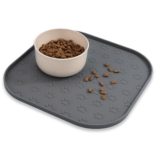 Pet Feeding Mat, Waterproof Anti-Slip Placemats for Dog Cat Bowl Silicone Pet Food Mat, Raised Edge Prevent Spills on Floor & Carpet, Dishwasher Safe (Gray, 11" x 11") - color: Gray