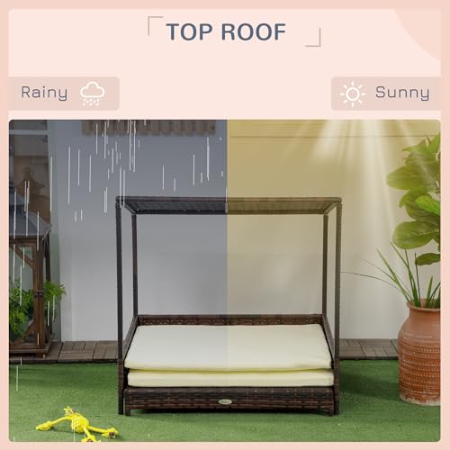 PawHut Wicker Dog House Outdoor with Canopy, Rattan Dog Bed with Removable Cushion, Raised Dog Bed, Cat Shelter, Patio Pet Sofa for Medium Sized Pet Mixed-Brown