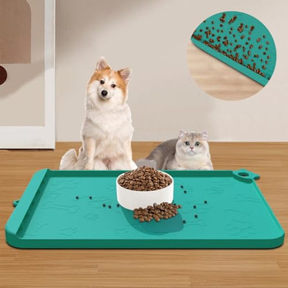 Silicone Pet Feeding Mat - Waterproof Dog & Cat Bowl Mat with Raised Edges, Hooks & Residue Collection Pocket - color: Turquoise Green, size: 36''x24''
