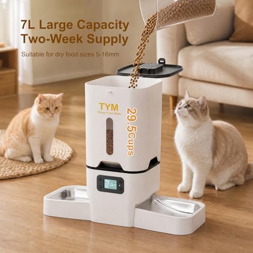 TYM Automatic Cat Feeder 2 Cats, 7L Cat Dry Food Dispenser with Double Bowls, Dual Auto Dog Feeder with Programmable Timer, Dual Power Supply, Easy to Clean for Multiple Cats and Small Dogs - color: White-2a