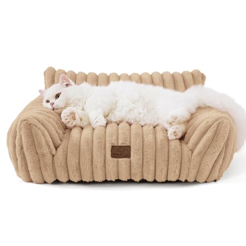 Bedsure ComfyFleece™ Cute Cat Couch for Pets - As Seen on TV on Good Day New York, Fluffy Cats beds for Indoor Cats with Removable Washable Cover, Supportive Pet Sofa, 24inch, Sandy Beige - color: Sandy Beige, size: 24x18x10"