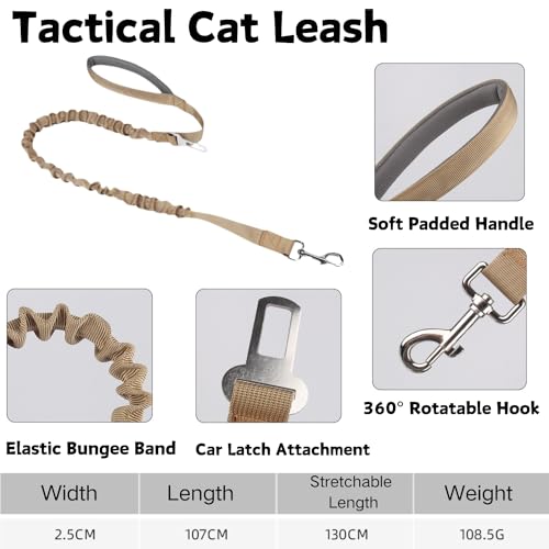 Tactical Cat Harness and Leash Set for Walking Escape Proof Adjustable Large Cat Vest Harness with Patches Soft Mesh Padding Rubber Handle Easy to Control (Khaki Harness & Leash)