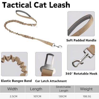 Tactical Cat Harness and Leash Set for Walking Escape Proof Adjustable Large Cat Vest Harness with Patches Soft Mesh Padding Rubber Handle Easy to Control (Khaki Harness & Leash)