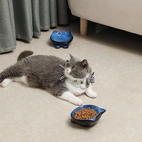 Nihow Ceramic Basic Cat Bowl: 5 Inch Cat Dish for Food & Water - Food Grade, Microwave & Dishwasher Safe - Elegant Blue & Black (4.25 OZ /1 PC) - color: Blue & Black, size: 4.25 OZ