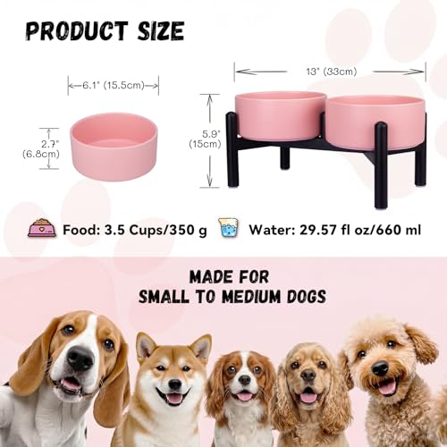 Raised Ceramic Dog Bowl Set - Elevated Double Dishes with Stainless Steel Stand - Food and Water Bowls for Small to Medium Dogs - Each Holds 3.5 Cups (29.57 fl oz) - Pink - color: Pink, size: 2 Bowls - 3.5 Cups Each