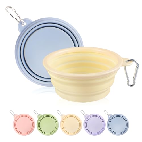 Collapsible Dog Bowls 2-Pack, Portable Travel Dog Bowl with Carabiner, Food-Grade Silicone Pet Bowl for Hiking, Walking(Macaron Blue and Yellow) - color: 12 OZ Macaron Blue and Yellow
