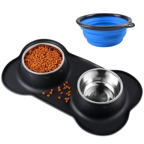 Double Dog Food Bowls Stainless Steel & Water Dish with No-Spill and Non-Slip Silicone Mat, Removable Puppy Feeder Bowls for Small Medium Size Cat Dogs Kitten,14oz