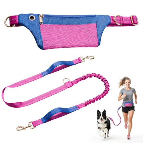 Hands-Free Dog Leash: Versatile Color-Block Bungee for Large & Multi-Dog Walking, Modular Tech-Pouch, Sponge-Padded Waist Belt for Running, Hiking & Urban Strolls (Pink) - color: Pink