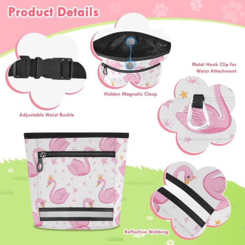 Flamingos Water-Resistant Dog Treat Pouch, 3 Ways to Wear Treat Bag with Magnetic Closure & Reflective Strip, Hands-Free for Pet Training, Walking