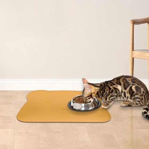 Silicone Waterproof Dog Cat Pet Feeding Mats,Anti Slip Pet Bowl Mats, BPA Free Silicone Pete Feeding Mat Bear Pattern 16In x 12In(Yellow) - color: yellow