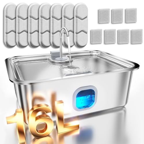 4.2Gal Dog Water Fountain for Large Dogs, 16L Stainless Steel Large Dog Fountain Water Bowl with Deeper & Wider Drinking Tray, Automatic Pet Water Dispenser with Visible Window (with 7 Filters)