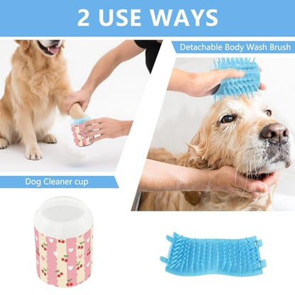 Cute Cherries Hearts Pink Print Dog Paw Cleaner Cup with Soft Silicone Brush, Lightweight Small Portable Muddy Paw Washer for Dogs, Easy to Use Pet Foot Cleaner