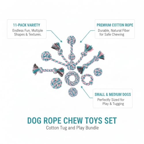 Dog Rope Chew Toys Set, 11-Pack Cotton Tug and Play Bundle for Small to Medium Dogs (Set of 11)