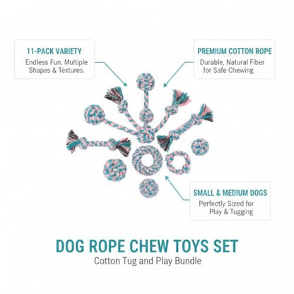 Dog Rope Chew Toys Set, 11-Pack Cotton Tug and Play Bundle for Small to Medium Dogs (Set of 11)