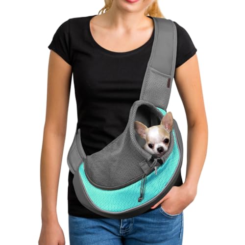 YUDODO Pet Sling Carrier for 5-9 lbs Small Dogs & Cats – Hands-Free Puppy Carrier with Safety Hook, Large Zipper Pocket, Soft Breathable Mesh, Adjustable Strap & Reflective Strip (Cyan 1.0 M) - color: Cyan 1.0 Basic (Zipper Pocket), size: Medium (4.5-9lbs