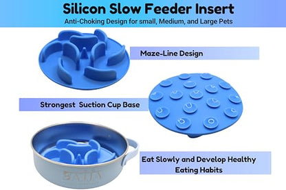 Blue Slow Feeder Travel Dog Bowl Set – 30oz Stainless Steel + 20oz Collapsible Silicone Dish + Silicone Slow Feeder Insert | Water Bottle Holder | Non-Slip, Anti-Choking, BPA-Free – Claim - color: Slow feeder Blue Bowl