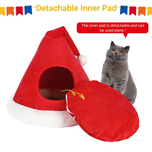 NIBESSER Cat Bed Christmas Hat Cat Tent House Self-Warming 2 in 1 Removable Comfortable Triangle Pet Teepee Xmas Dog Cave in Winter (Red)