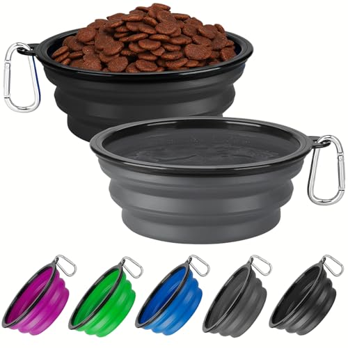 Collapsible Dog Bowl Large 2 Pack, Dog Water Bowls for Travels, Portable Foldable Pet Bowls Feeding Watering Dish for Parking Walking Camping with 2 Carabiners Clip (34oz, Large,Black+Grey) - color: Grey+Black, size: Large