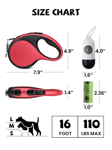 Retractable Dog Leash with Led Light, Douexio 16ft Heavy Duty Dog Leash Retractable for Medium Large Dogs Up to 110lbs,360° Tangle-Free, One-Button Control, High Strength Hook (Red, 66-110lbs) - color: Red, size: 66-110lbs