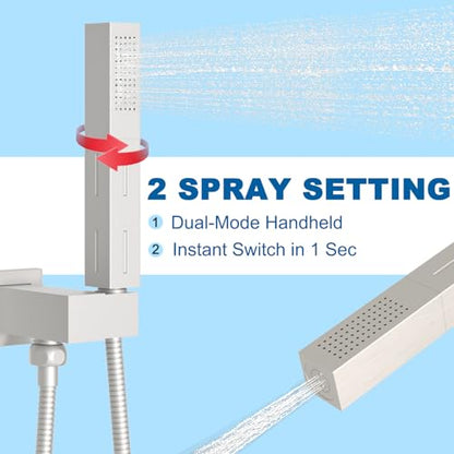 2 Settings Models Handheld Shower Head Sprayer High-Pressure with 59" Long Flexible Hose, Square 2 in1 Solid Brass Adjustable Shower Wand Replacement Kit, Brushed Nickel - color: Brushed Nickel