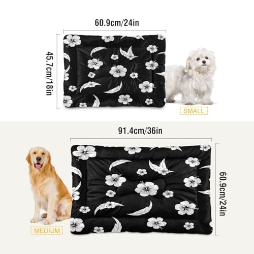 Black White Hibiscus Pattern Pet Bed Mat for Dogs and Cats, Soft Washable Crate Pad with Non-Slip Bottom, Cozy Bed Cushion for Small Medium Large Pets, 18x24 Inch - size: Small