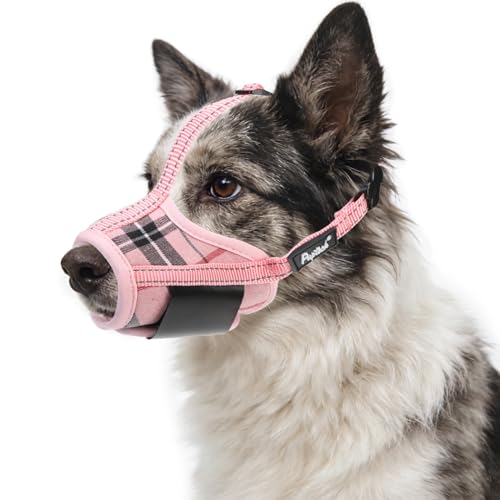 PUPTECK Dog Muzzle, Soft Adjustable Loop Reflective Pets Muzzle Prevent Biting Barking Chewing, Breathable Muzzle with Air Mesh Dog Mouth Guard Drinkable for Large Medium Small Sized, Pink Plaid L - color: Pink, size: L (Snout Cir: 7.09"-9.45")